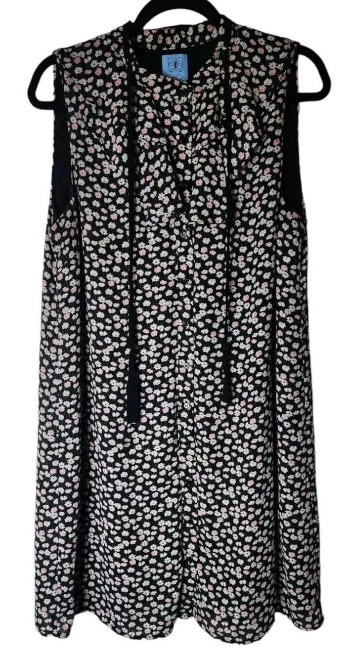CeCe Womens Black Floral Shift Full Button Summer Midi Dress Size Large Ruffles